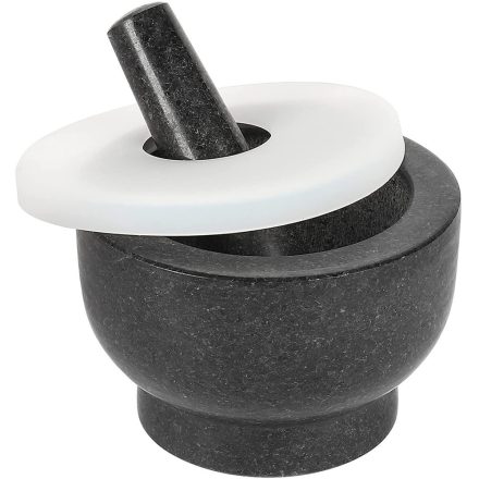 Gránit mozsár mozsártörővel és szilikon fedővel 15x10 cm - fekete FLM-03
