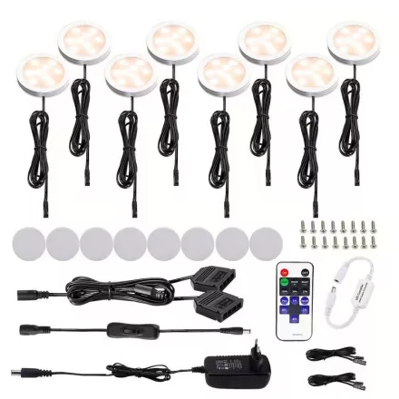 AIBOO Dimmelhető LED szekrényvilágítás – Hideg fehér + RGB, távirányítóval (8 db ultralapos lámpa)