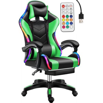 Likeregal 920 LED-es masszázs gamer szék lábtartóval zöld
