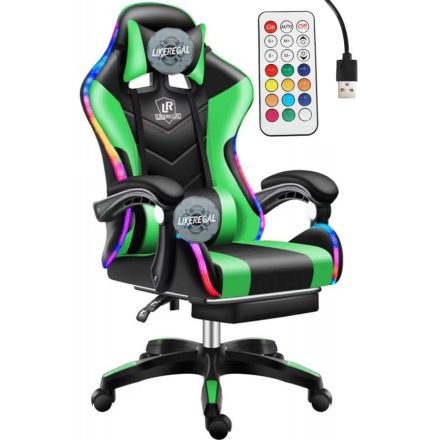 Likeregal 920 LED-es  gamer szék lábtartóval zöld masszázs funkcióval TT-1114