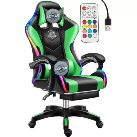 Likeregal 920 LED-es  gamer szék lábtartóval zöld masszázs funkcióval TT-1114