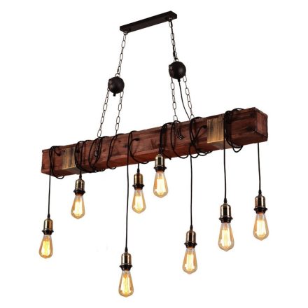 Loft stílusú fából készült nagyméretű függőlámpa 8 db LED körtével, szerelékekkel (90cm) FT-C9032